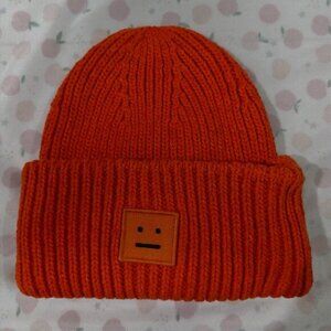 Acne Studios Orange Knit Hat With Smiley Face Logo